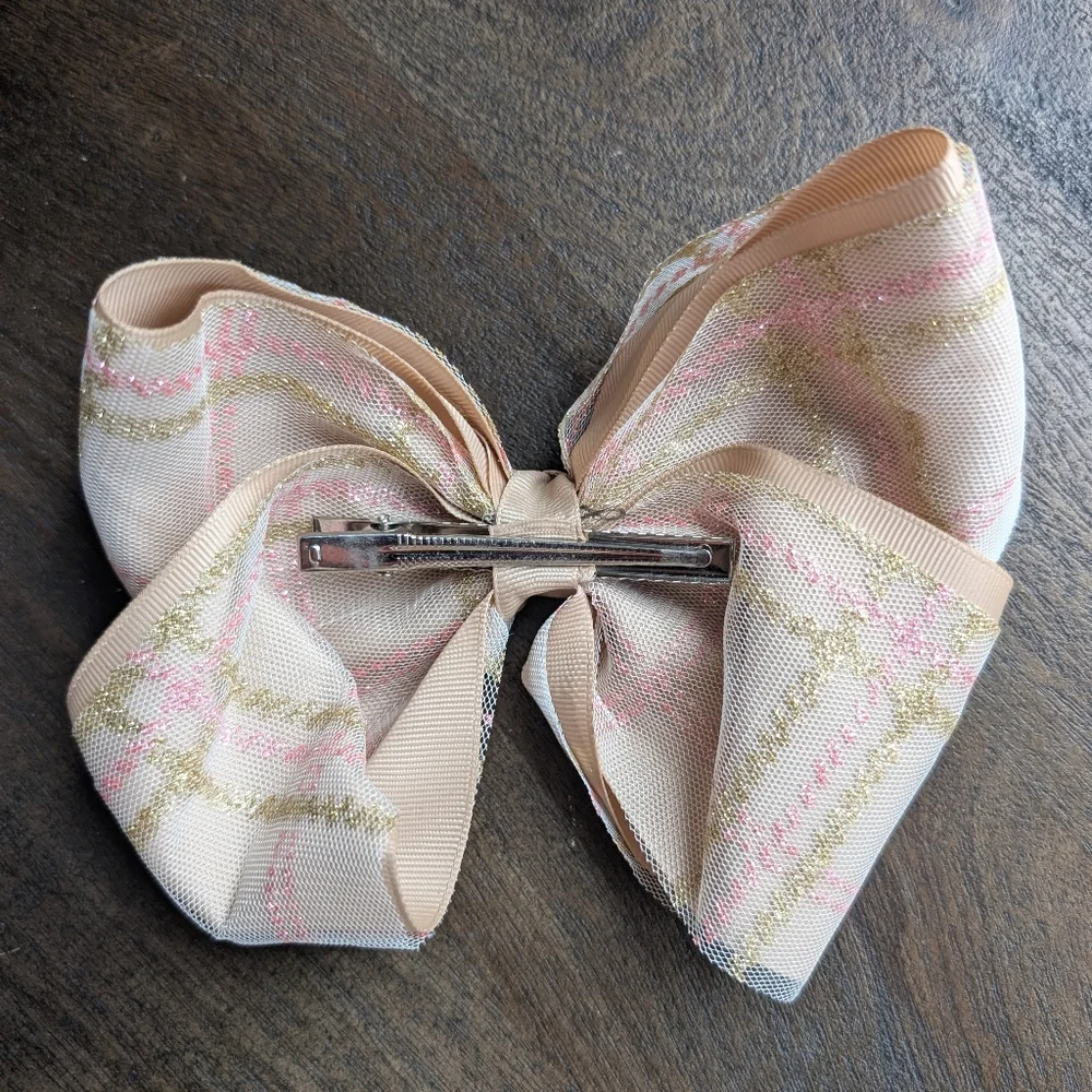 Pink, Taupe, Beige Hair Bow Clips Pink Gold Plaid Glitter